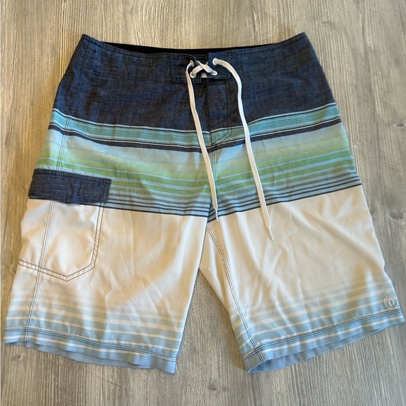 Hang Ten Blue Green Striped Drawstring Board Shorts Pocket Size 32 & Measures 32 - Picture 1 of 11